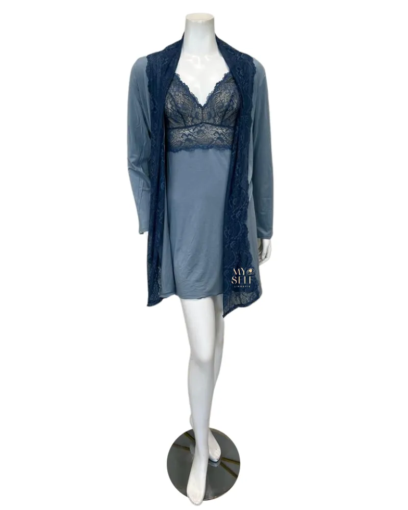 2216-8016-DI Iceberg/Indigo Glaze Lace Modal Chemise & Robe Set