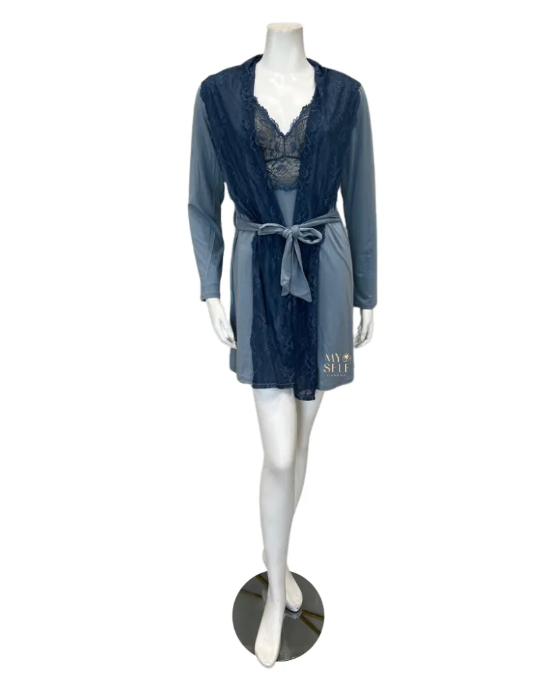 2216-8016-DI Iceberg/Indigo Glaze Lace Modal Chemise & Robe Set