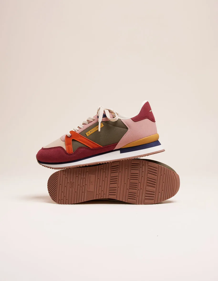 Baskets basses Andrée - Suède vegan bordeaux beige orange